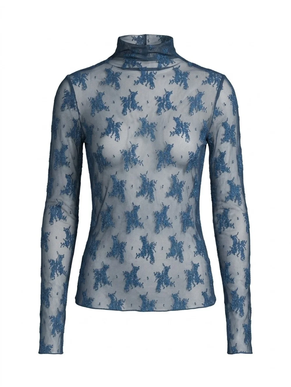 Intimately Free People|  Sheer Floral Mesh Long Sleeve Mock Neck Top Blue